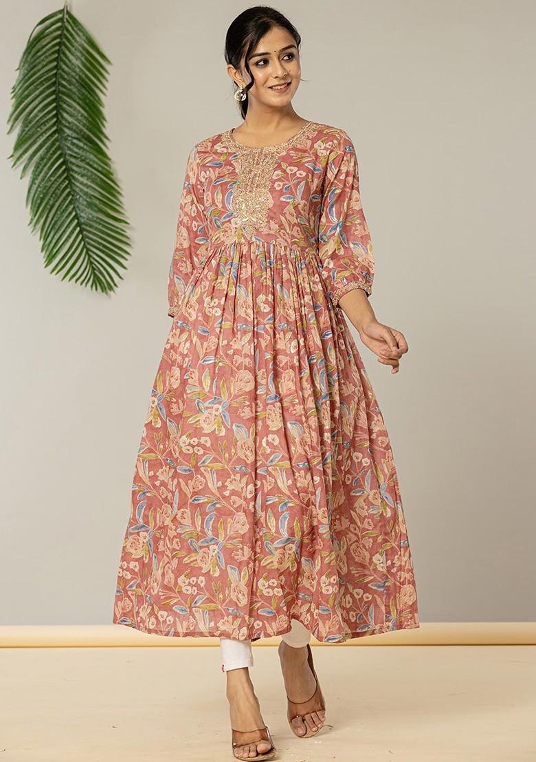 Pink Printed Poly Blend Anarkali Kurta