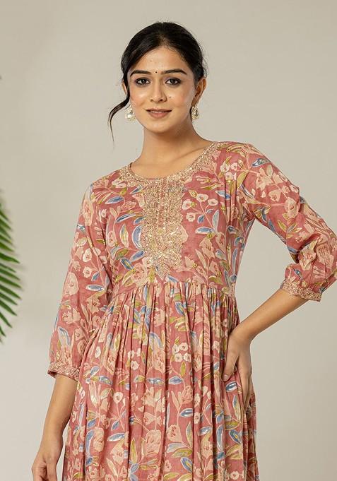 Pink Printed Poly Blend Anarkali Kurta
