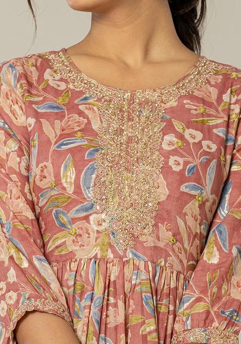Pink Printed Poly Blend Anarkali Kurta