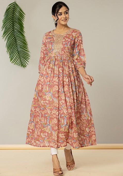 Pink Printed Poly Blend Anarkali Kurta