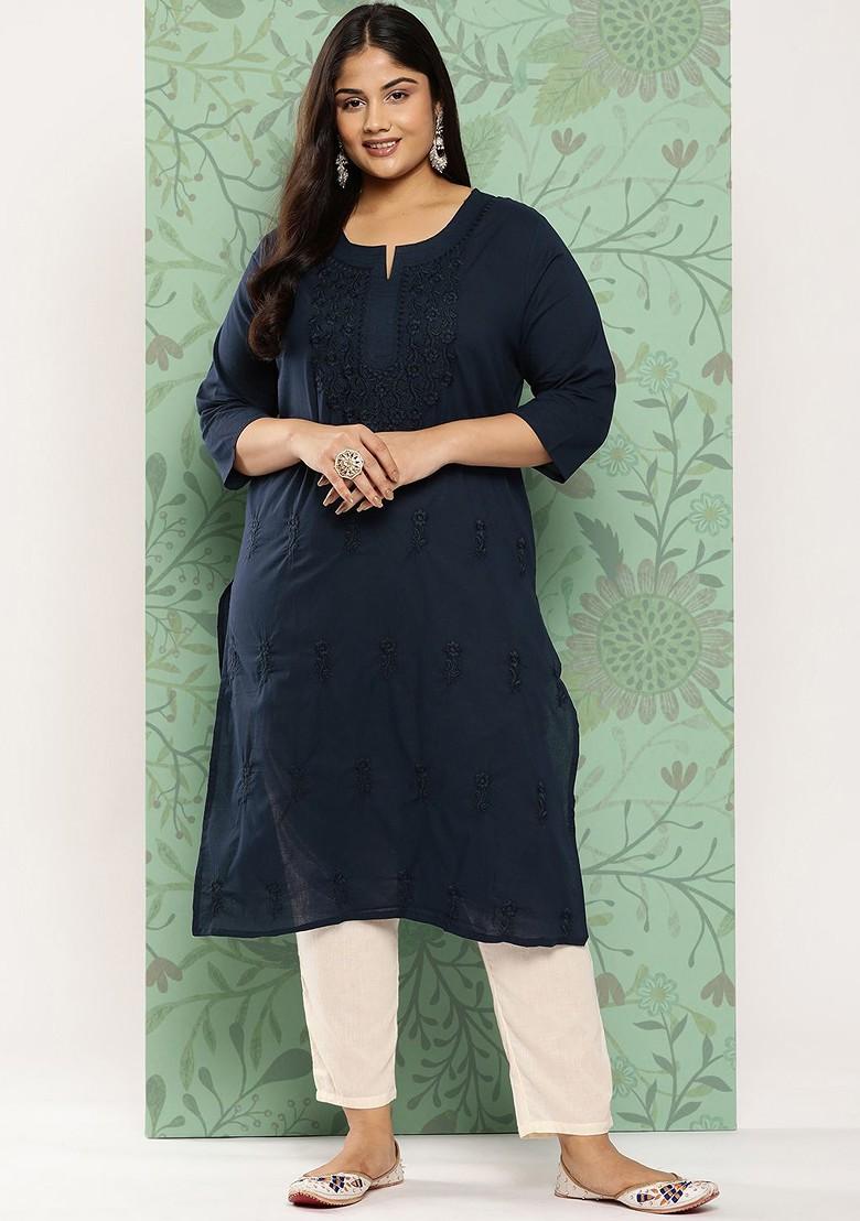 Blue Embroidered Cotton Kurta