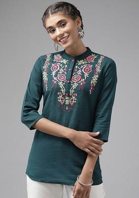 Green Embroidered Poly Blend Top