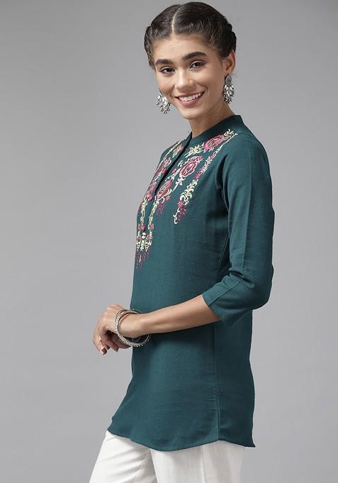 Green Embroidered Poly Blend Top
