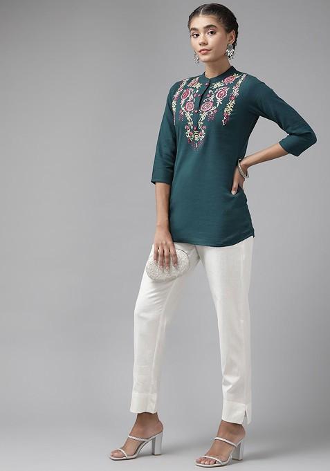Green Embroidered Poly Blend Top