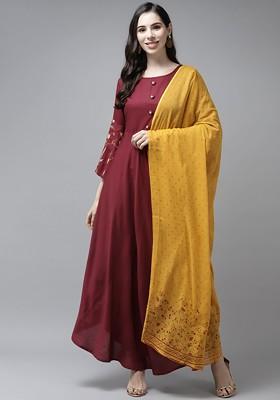 Maroon Embroidered Poly Blend Anarkali Kurta