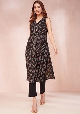 Black Embroidered Poly Blend Kurta