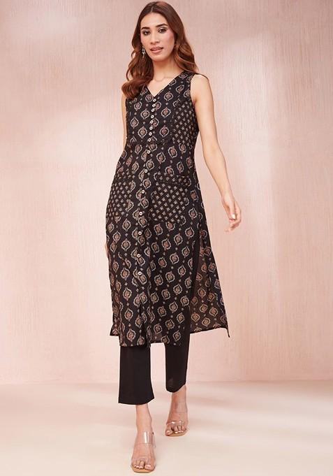 Black Printed Blended Straight Kurta Set