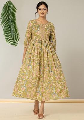 Green Printed Poly Blend Anarkali Kurta