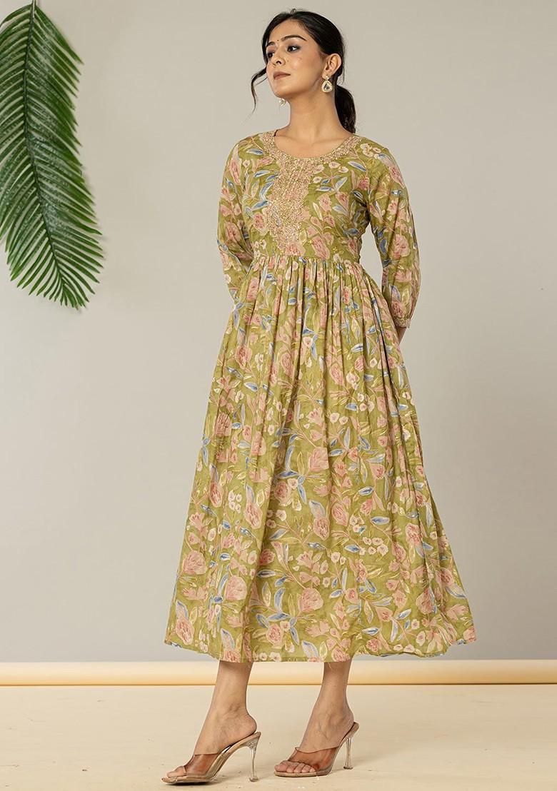 Green Printed Poly Blend Anarkali Kurta