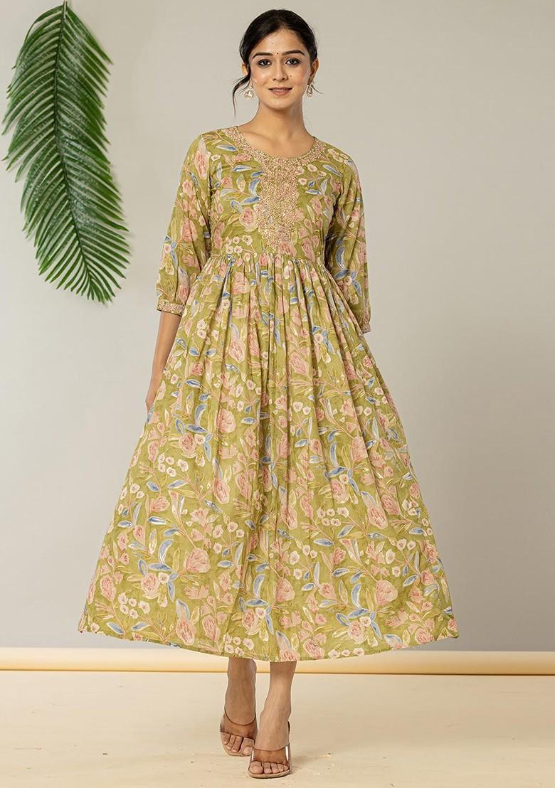 Green Printed Poly Blend Anarkali Kurta