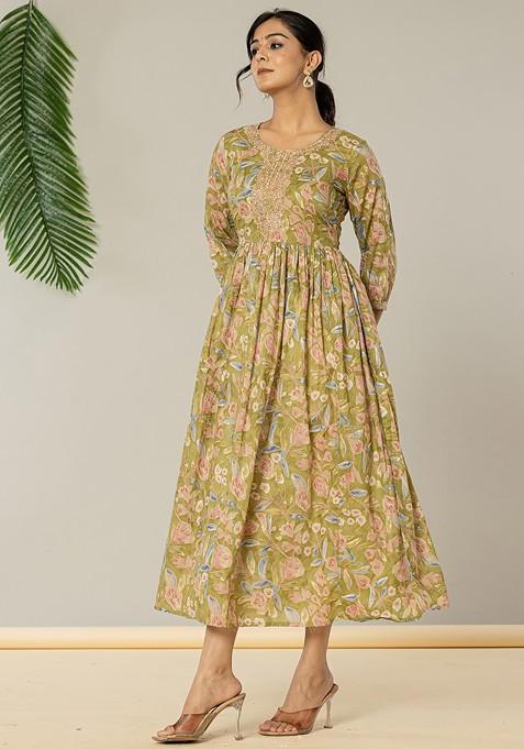 Green Printed Poly Blend Anarkali Kurta