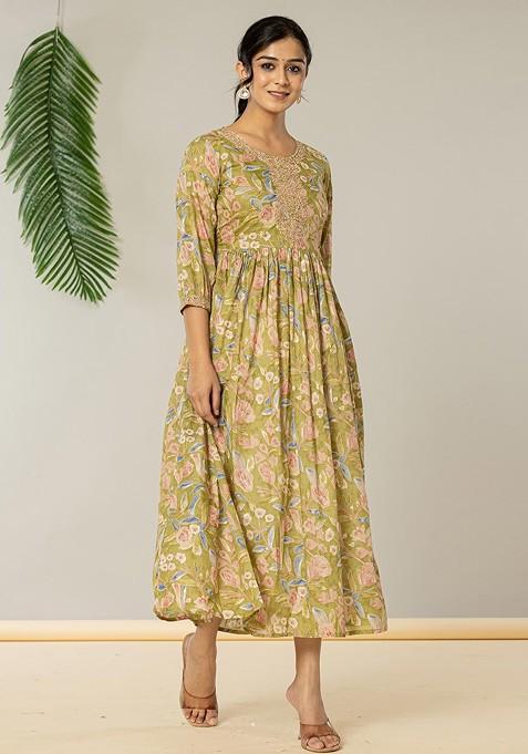 Green Printed Poly Blend Anarkali Kurta