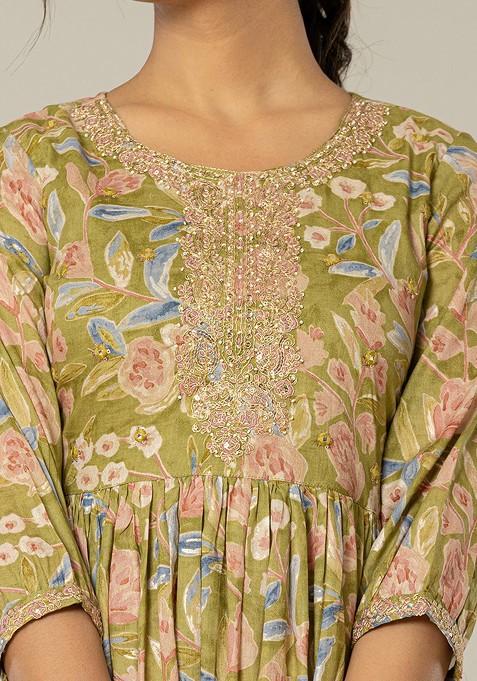 Green Printed Poly Blend Anarkali Kurta