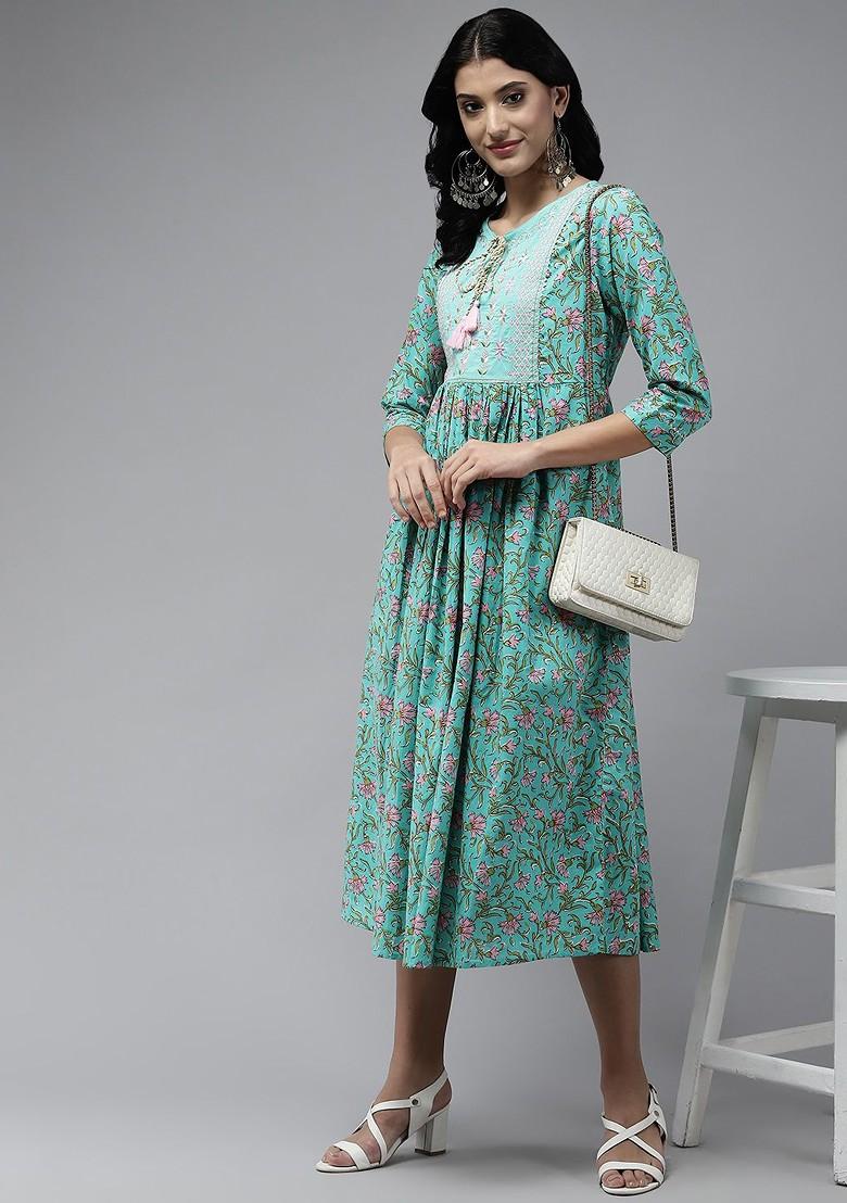 Green Embroidered Cotton Anarkali Kurta