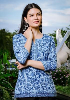 Blue Floral Print Cotton Kurti