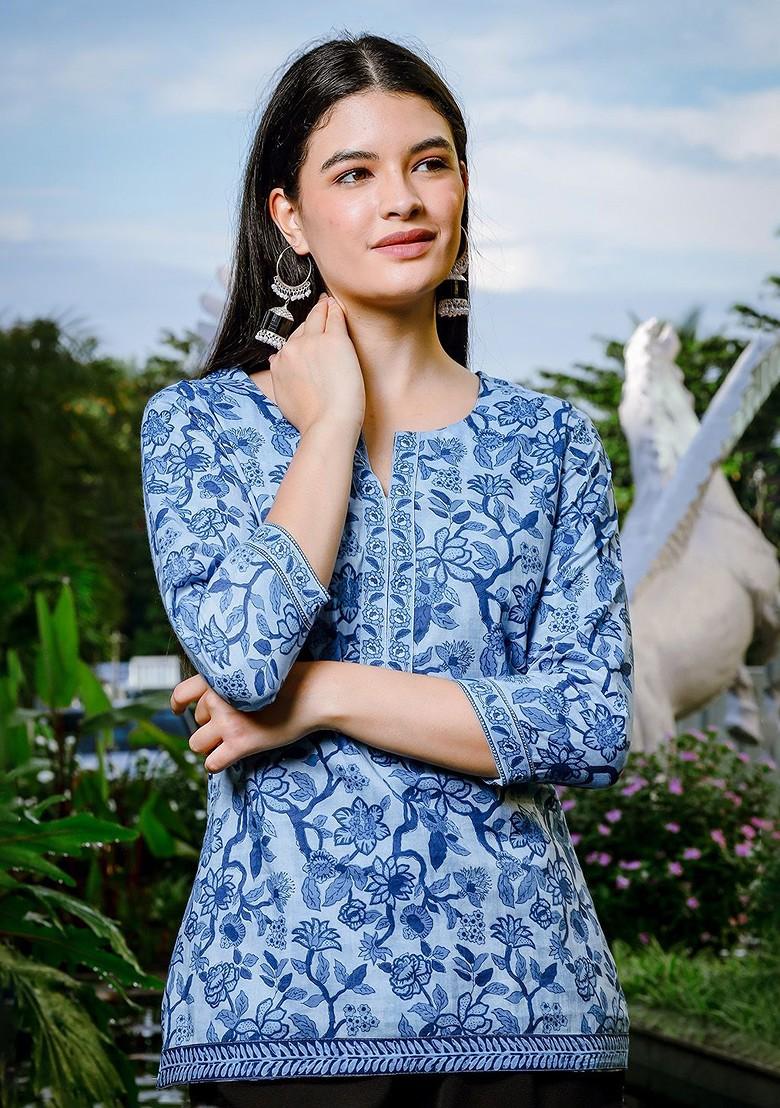 Blue Floral Print Cotton Kurti
