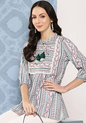 Green Printed Poly Blend Tops