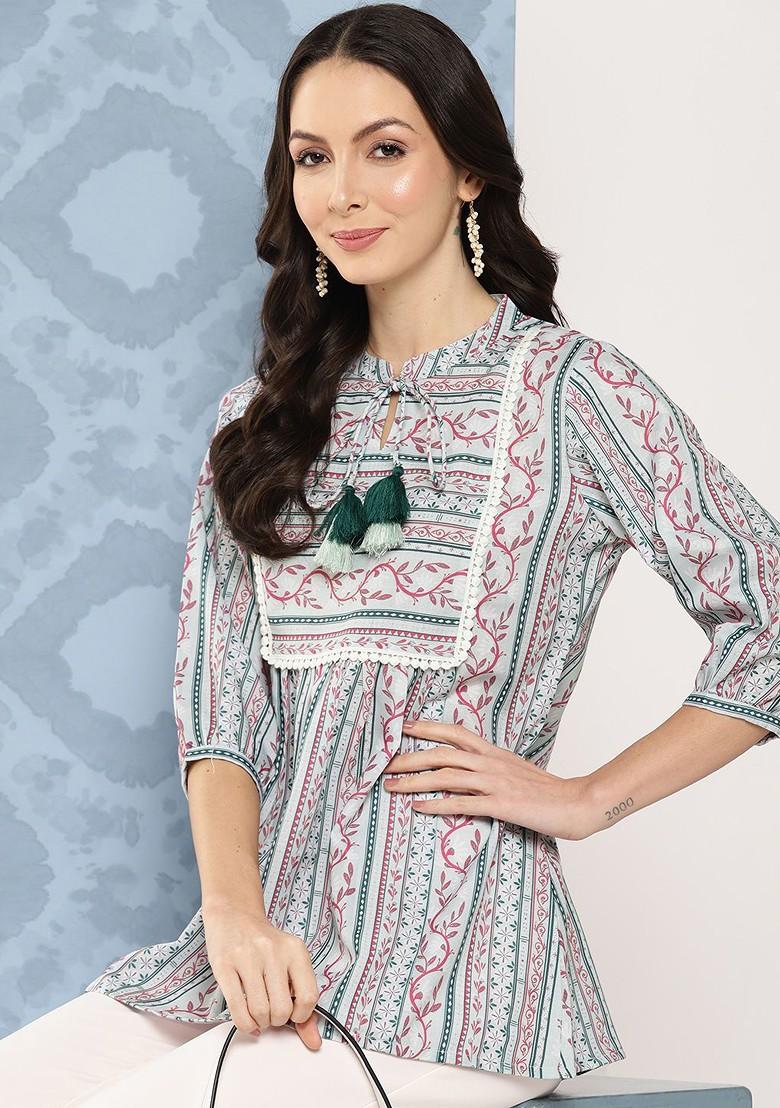 Green Printed Poly Blend Tops