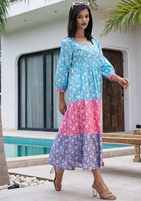 Blue Floral Print Poly Blend Anarkali Kurta