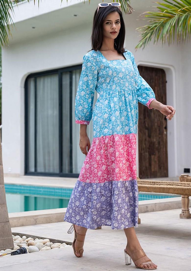 Blue Floral Print Poly Blend Anarkali Kurta