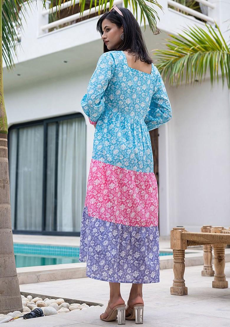 Blue Floral Print Poly Blend Anarkali Kurta