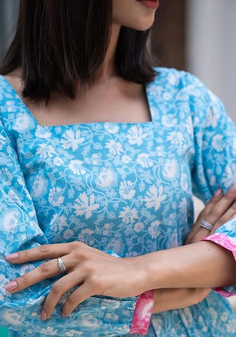 Blue Floral Print Poly Blend Anarkali Kurta