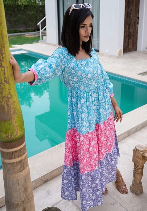 Blue Floral Print Poly Blend Anarkali Kurta