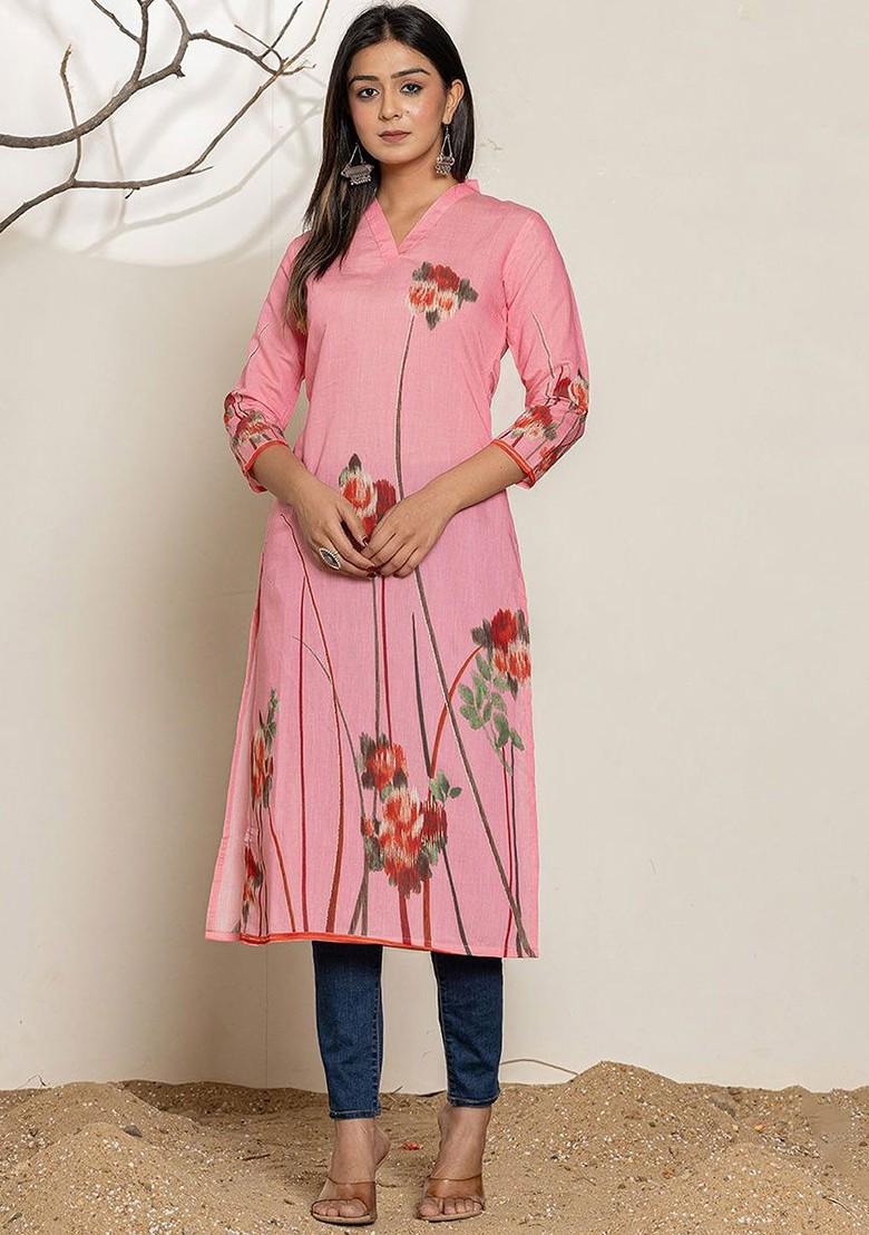 Pink Floral Print Poly Blend Kurta