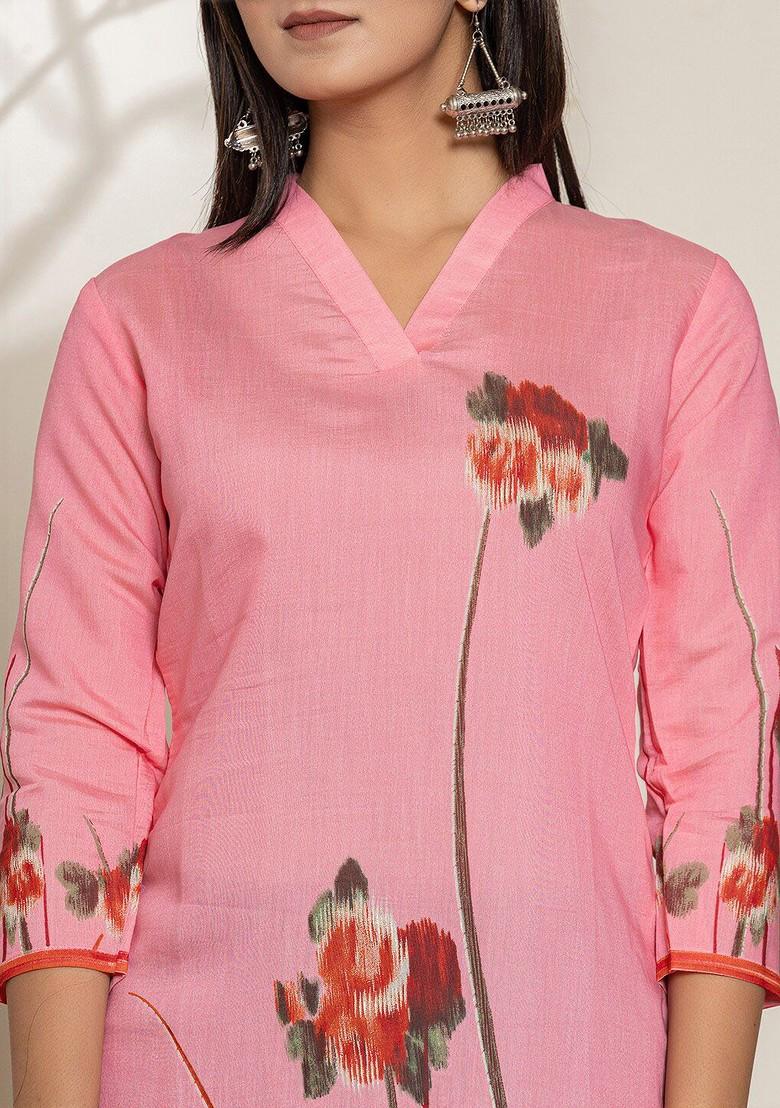 Pink Floral Print Poly Blend Kurta