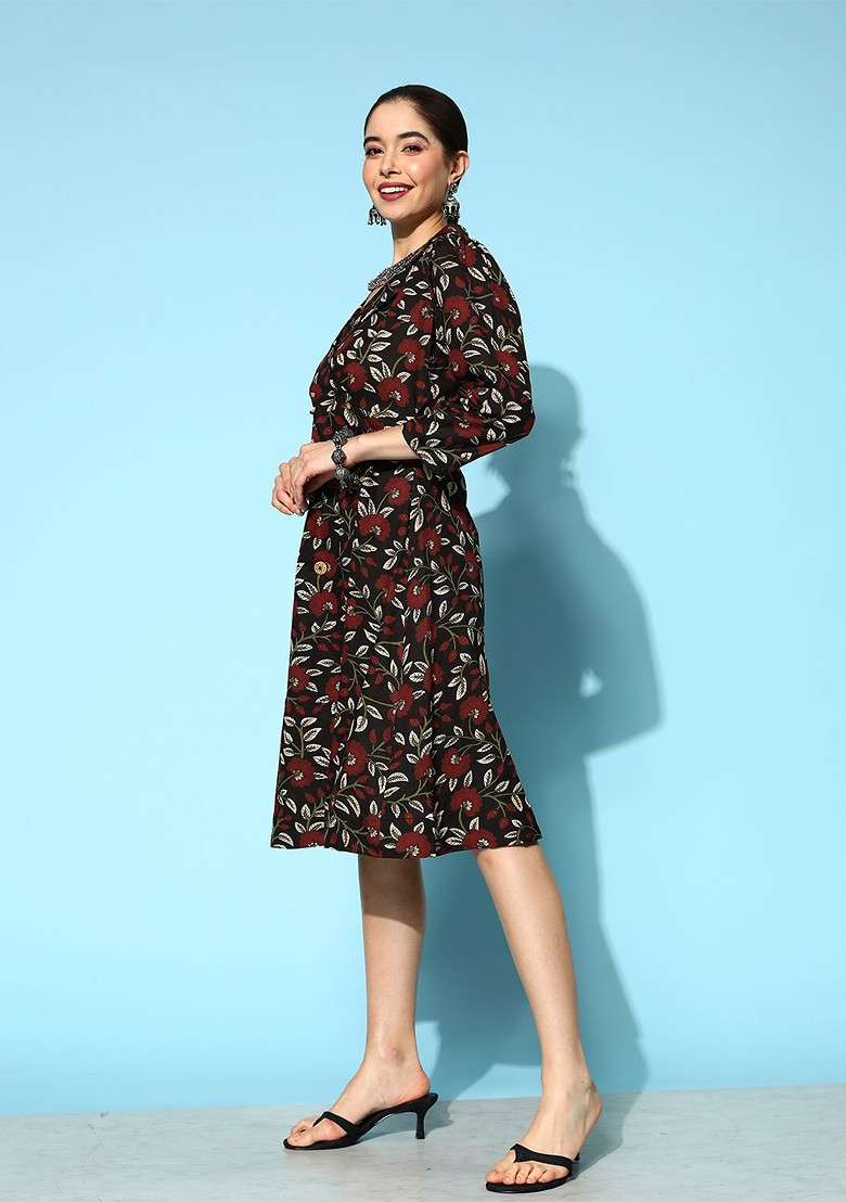 Black Floral Print Cotton Kurta - Indya