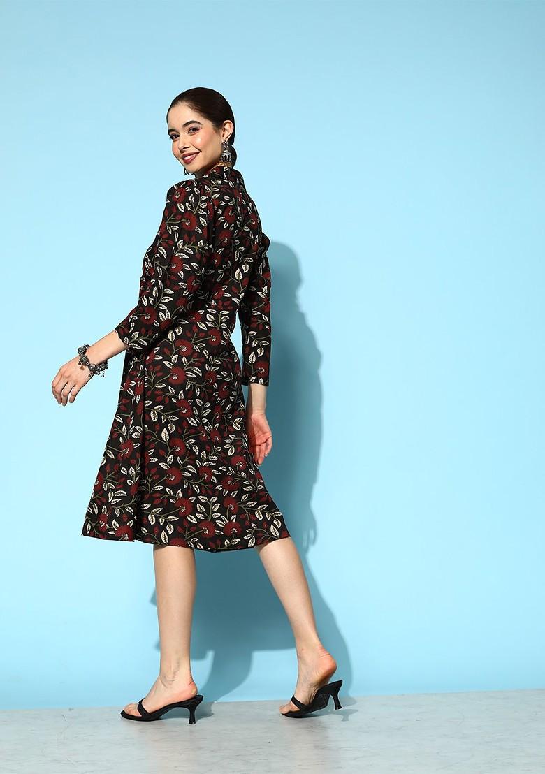 Black Floral Print Cotton Kurta