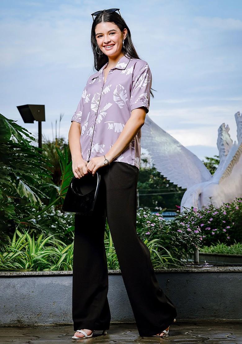 Purple Floral Print Poly Blend Tops