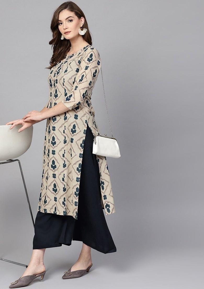 Beige Abstract Print Cotton Kurta