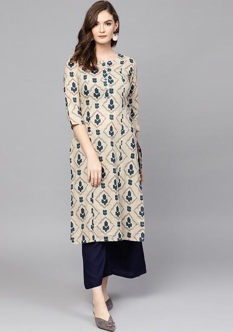 Beige Abstract Print Cotton Kurta