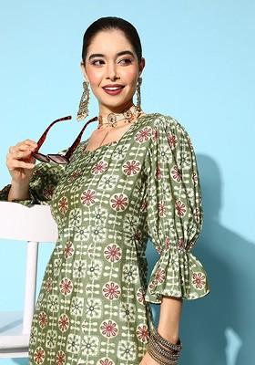 Green Printed Poly Blend Kurta