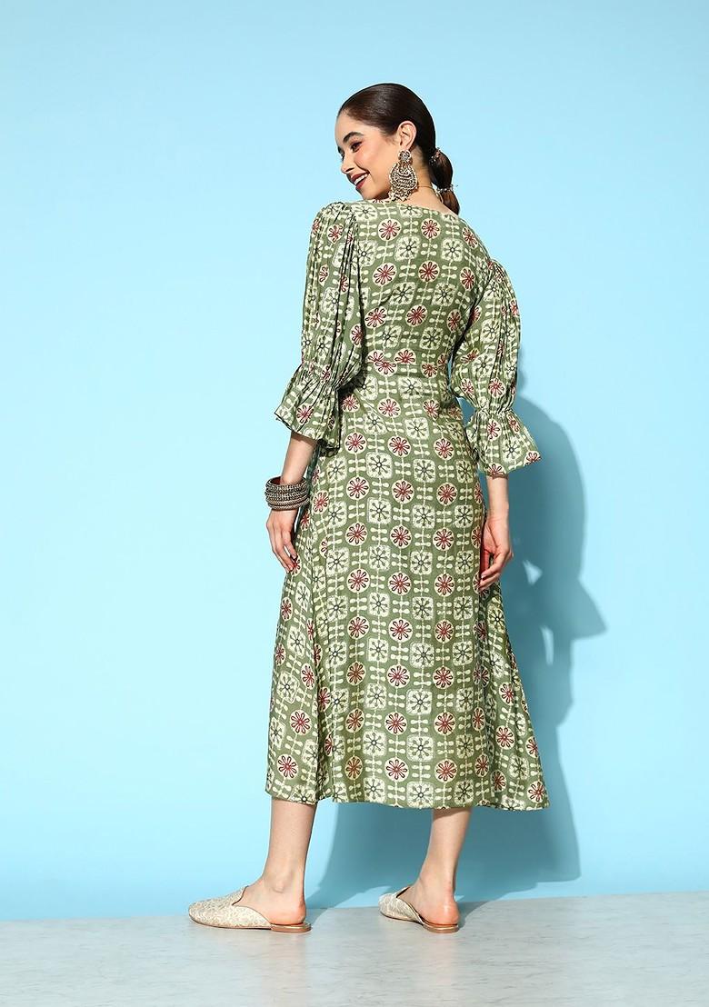 Green Printed Poly Blend Kurta
