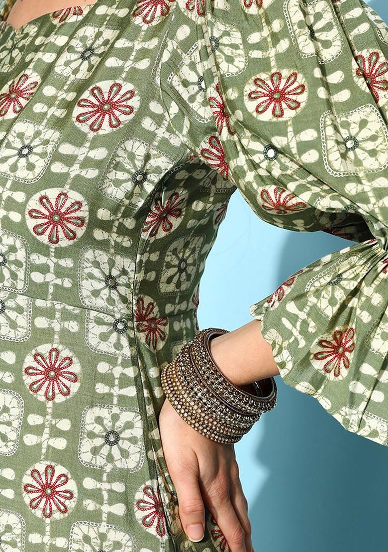 Green Printed Poly Blend Kurta