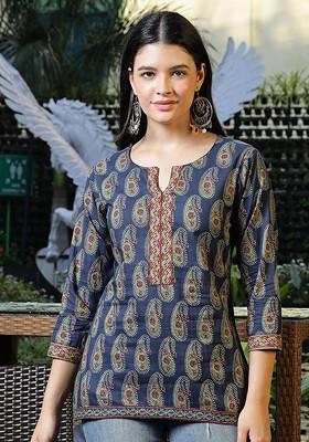 Blue Printed Cotton Tops