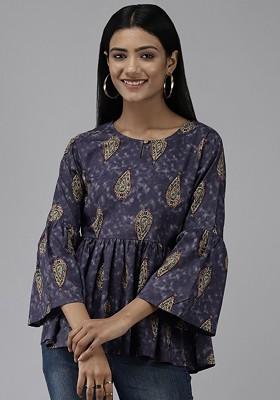 Navy Blue Printed Cotton Tops