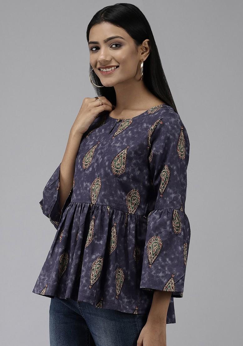 Navy Blue Printed Cotton Tops