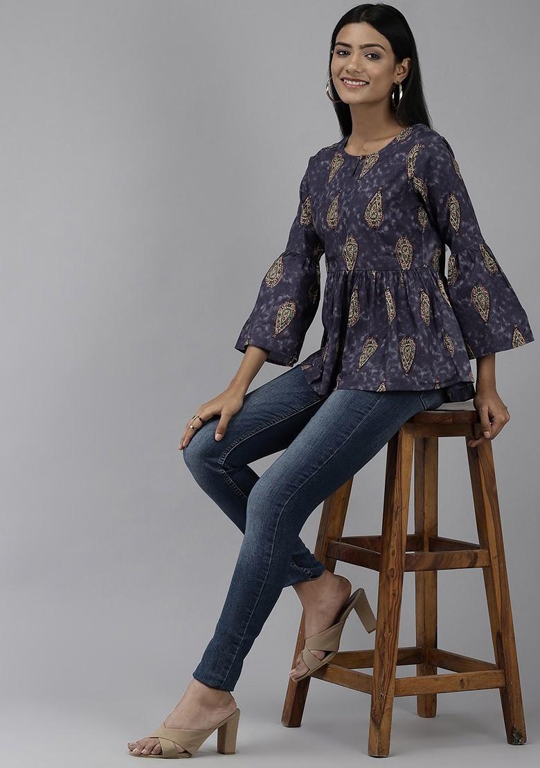 Navy Blue Printed Cotton Tops
