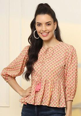 Yellow Floral Print Cotton Tops