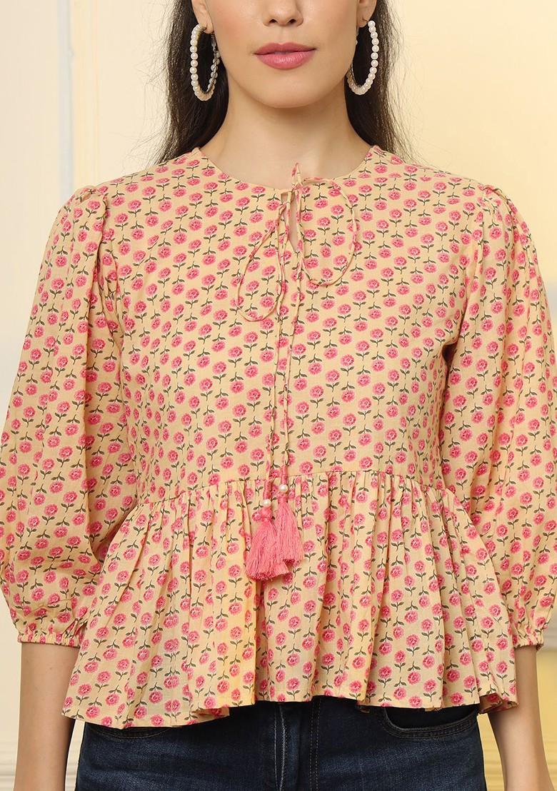 Yellow Floral Print Cotton Tops