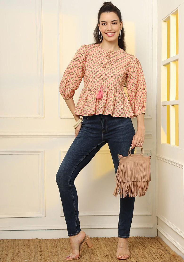 Yellow Floral Print Cotton Tops