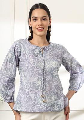 Grey Solid Cotton Tops