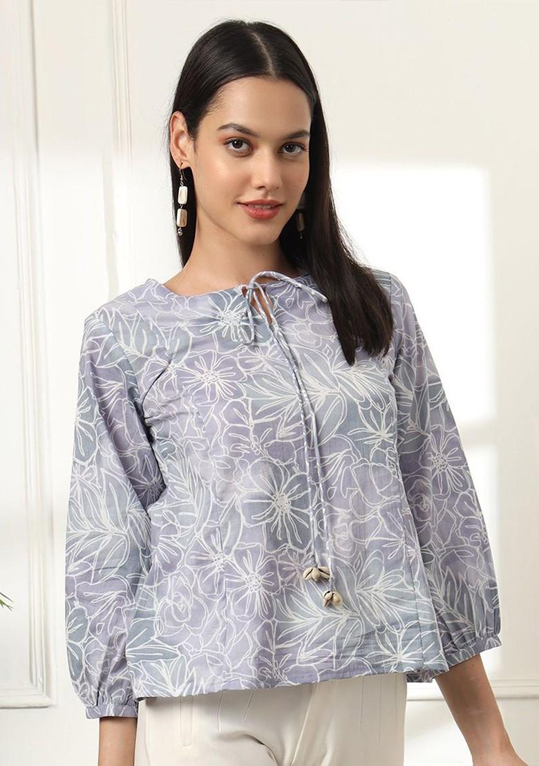 Grey Solid Cotton Tops