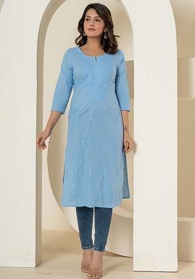 Blue Embroidered Cotton Kurta