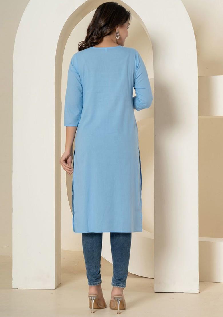 Blue Embroidered Cotton Kurta