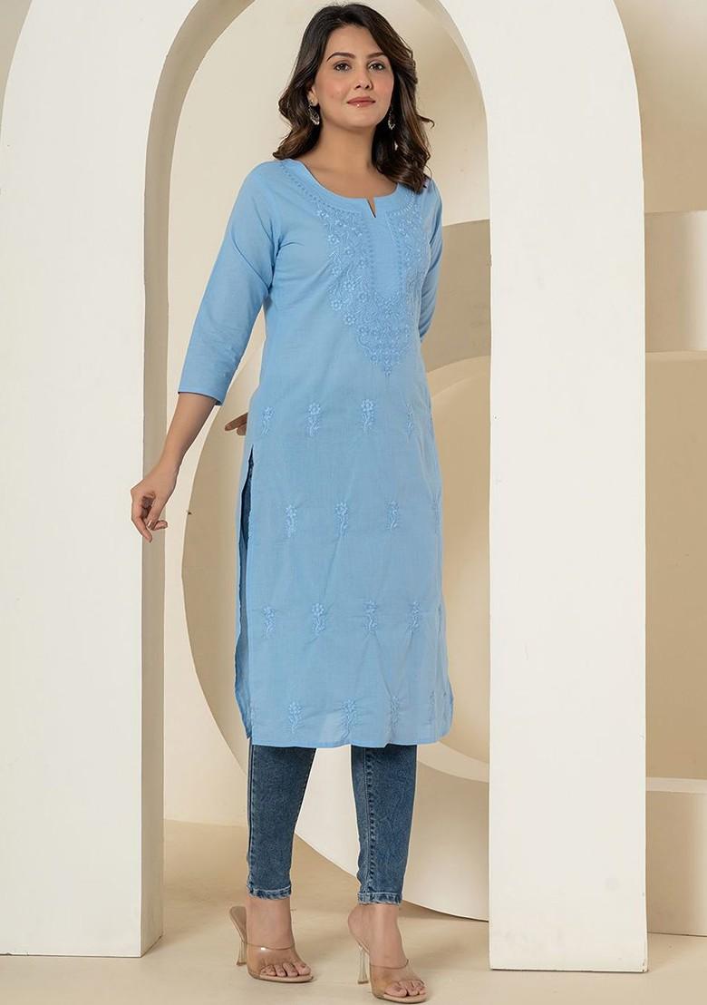 Blue Embroidered Cotton Kurta