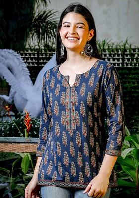Blue Printed Cotton Tops